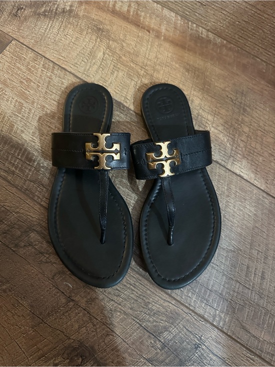 Tory Burch Shoes - Tory Burch Black Leather Thong Sandals with Gold Logo Accent